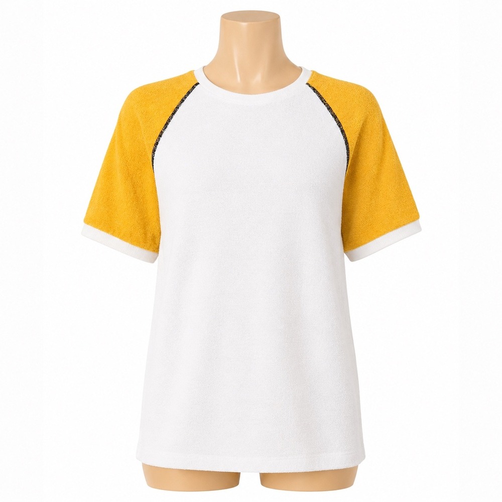 Jantzen Terry Cloth Top Womens Medium White Yellow Vintage 70s Raglan Ringer Tee
